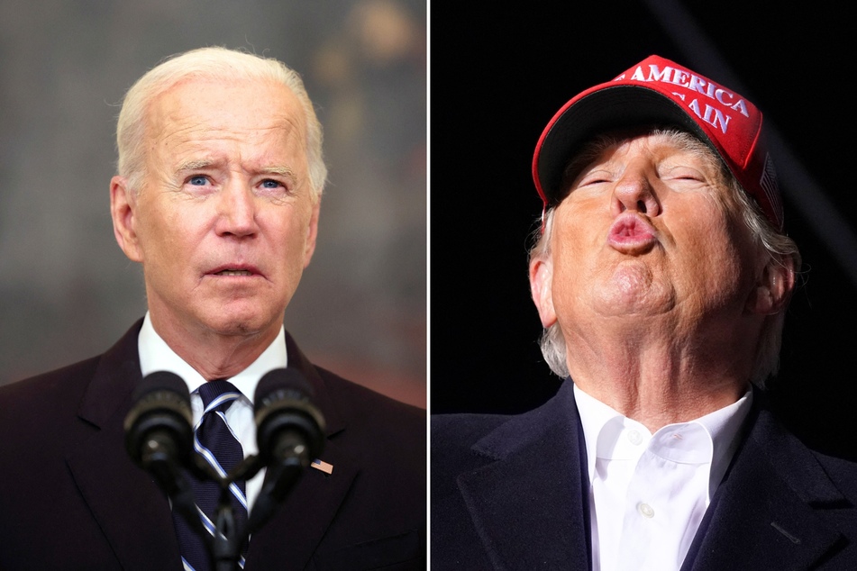 A new poll from The New York Times found that a majority of voters surveyed are dissatisfied with Joe Biden's (l.) job performance, and are now favoring Donald Trump.