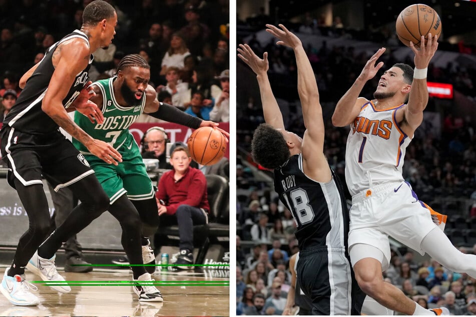 Left: Boston Celtics guard Jaylen Brown looks to drive past Brooklyn Nets forward Nic Claxton in the second quarter at Barclays Center. Right: Phoenix Suns guard Devin Booker shoots over San Antonio Spurs forward Isaiah Roby in the first half at the AT&T Center.