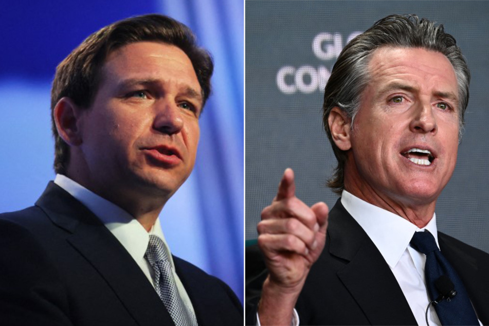 California Governor Gavin Newsom (r.) is urging the US Department of Justice to investigate Florida Governor Ron DeSantis' "Unauthorized Alien Transport Program."