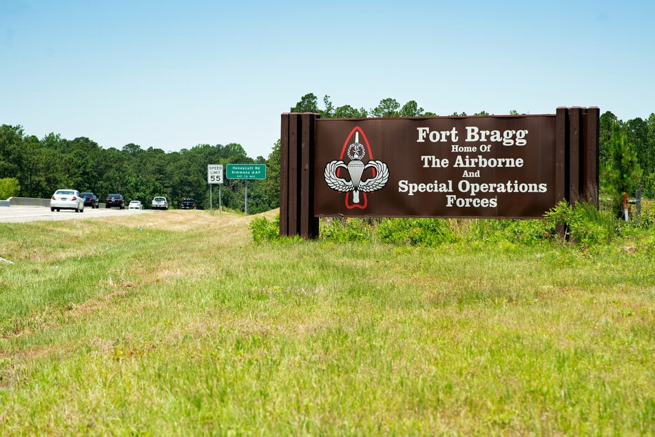 A sign for Fort Bragg Army Base is seen along Highway 24 in North Carolina.