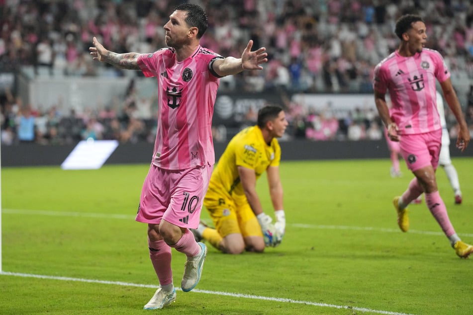 Inter Miami forward Lionel Messi celebrates his second goal against Atlético San Luis during the first half of a Leagues Cup Phase One match at Nu Stadium.