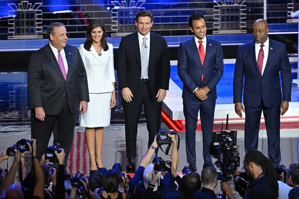 The third Republican presidential debate candidates (from l to r): New Jersey governor Chris Christie, Trump's former UN ambassador Nikki Haley, Florida Governor Ron DeSantis, entrepreneur Vivek Ramaswamy, and Senator Tim Scott.