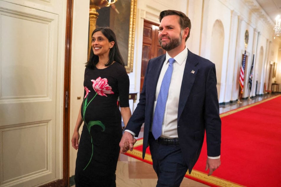 In a recent social media post, Usha Vance (l.) shared photos of the newborn she and Vice President JD Vance recently welcomed to their family.