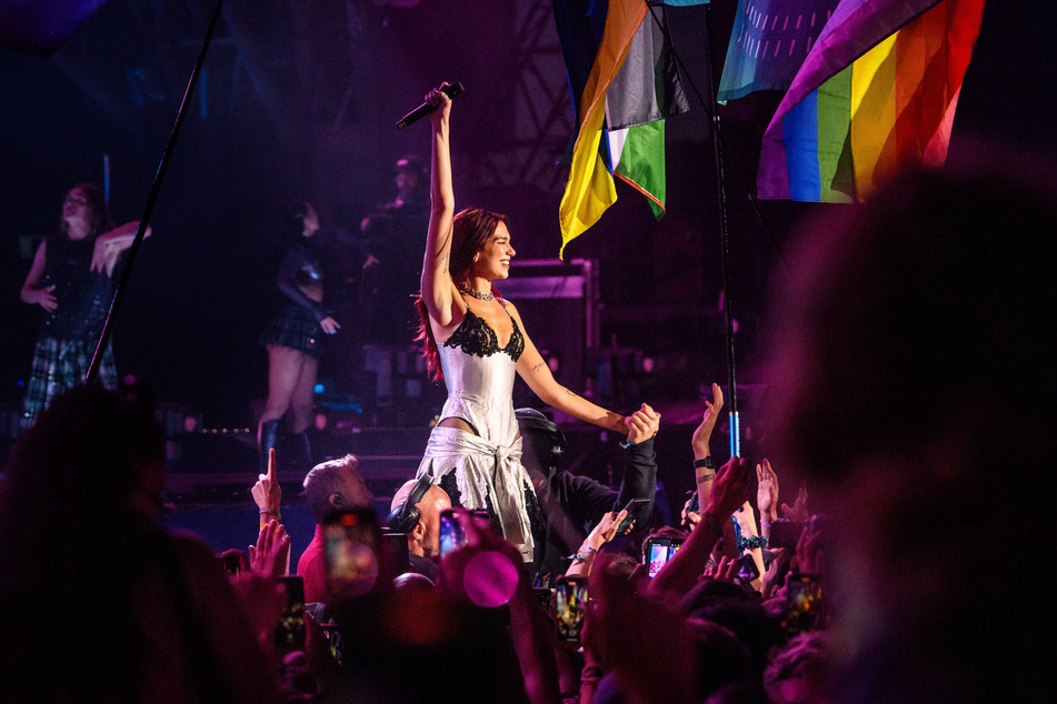 Dua Lipa performing on the Pyramid Stage on the third day of the Glastonbury Festival.