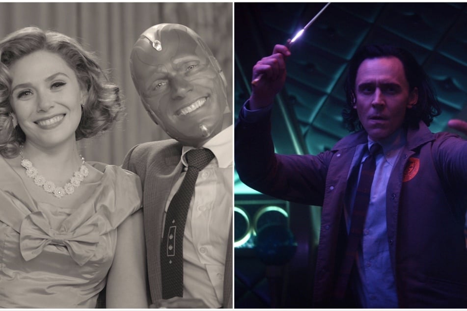 Elizabeth Olsen and Paul Bettany (l.) reprised their roles as Wanda Maximoff/Scarlett Witch and Vision in WandaVision, while Tom Hiddleston returned as Loki in the series of the same name.