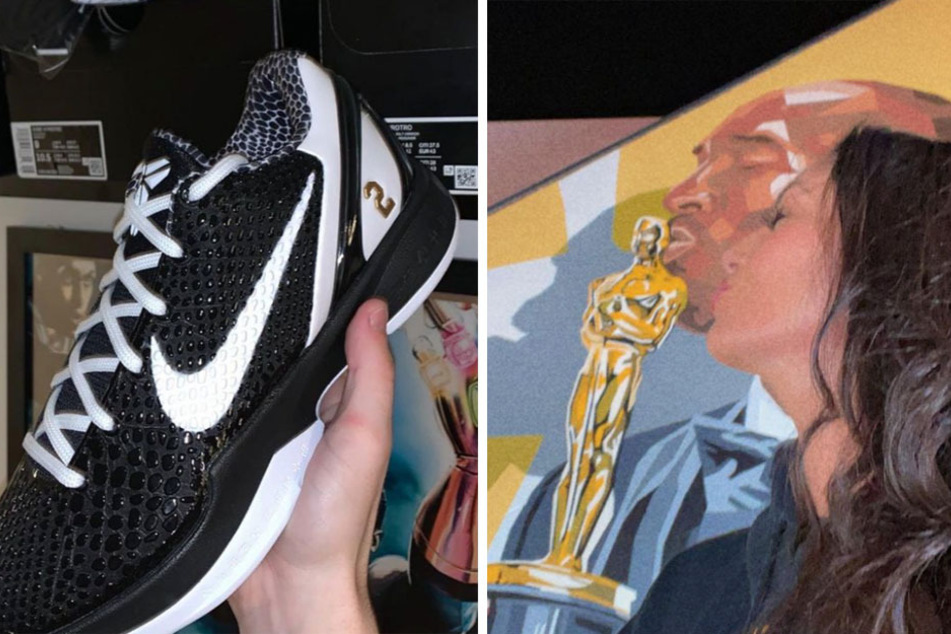 Vanessa Bryant helped design the MAMBACITA shoe with Nike (l.) in honor of her late daughter Gigi, but never approved them for sale. An artist recently honored her and her late husband (r.).