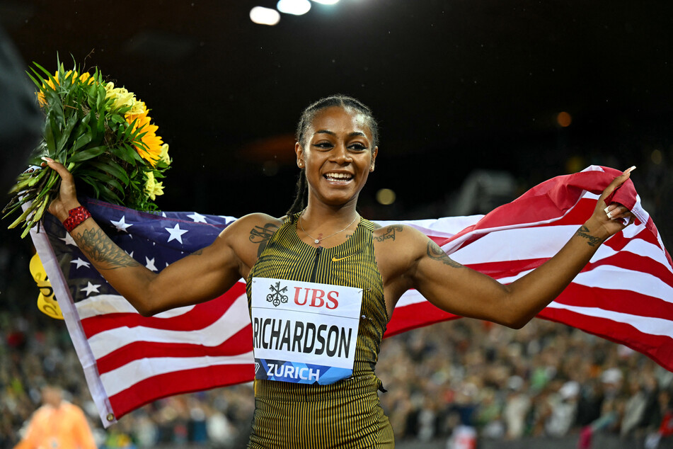 Sha'Carri Richardson celebrates after winning the Women's 100m final during the Diamond League athletics meeting at the Letzigrund stadium in Zurich on September 5, 2024.