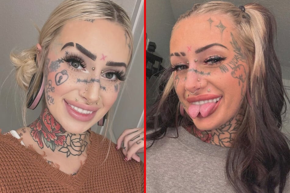 Ink addict with radical face tattoos chops tongue in half to look like a snake