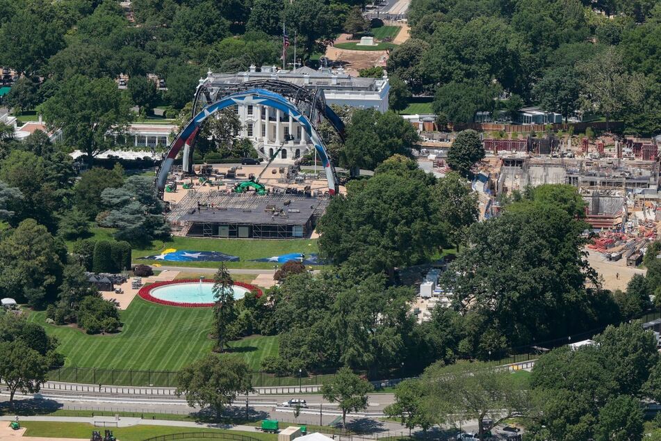 Construction of the UFC Octagon continues on the South Lawn as seen from the Washington Monument on May 29, 2026 in Washington, DC.