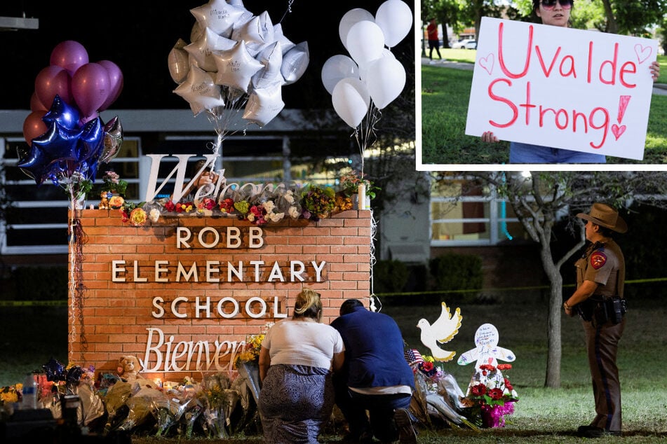 Mourners gather to pay respects outside Robb Elementary School in Uvalde, Texas.