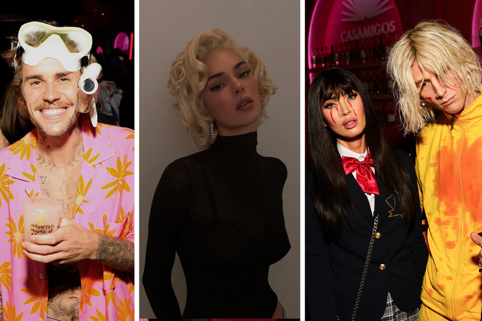 (From l to r) Justin Bieber, Kendall Jenner, and Megan Kelly and Machine Gun Kelly all partied in Los Angeles in costume over Halloween weekend.