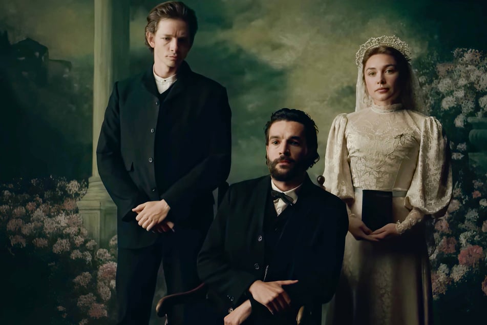 (From l. to r.) Mike Faist, Christopher Abbott, and Florence Pugh in Netflix's East of Eden. The adaptation of John Steinbeck's iconic novel hit Netflix on Thursday.
