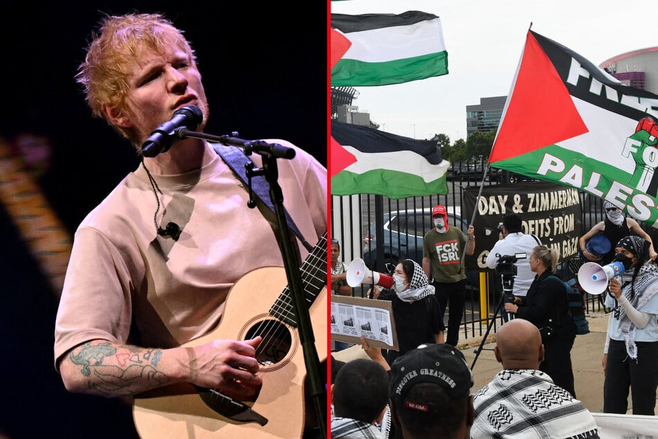 Protesters rallied outside the Lincoln Financial Field ahead of Ed Sheeran's concert in Philadelphia on Saturday (r). He used the concert to condemn Israel's "unjustifiable" violence in Gaza.