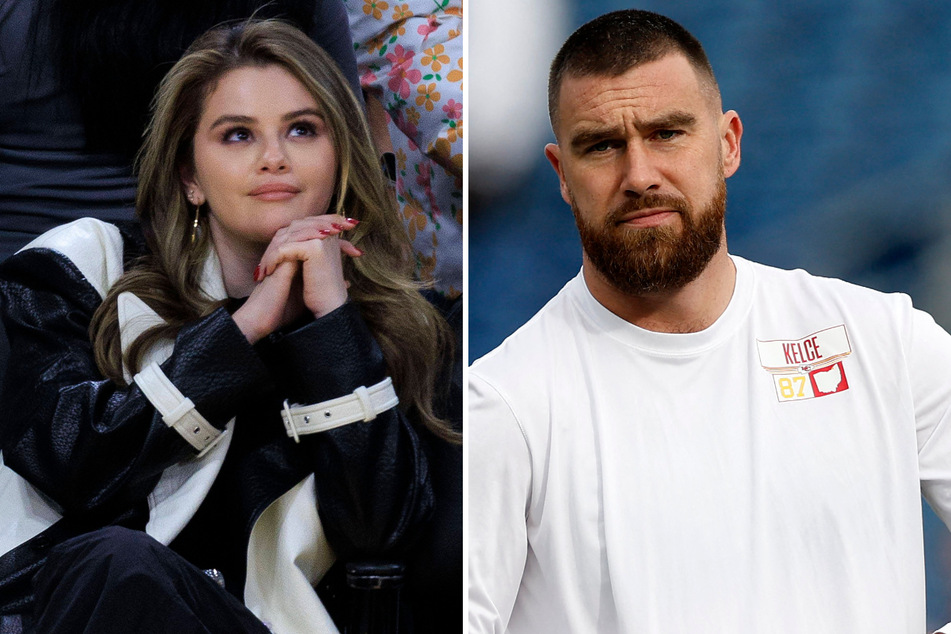 Travis Kelce (r) recently liked a photo of Selena Gomez and her new boyfriend, Benny Blanco, on Instagram.