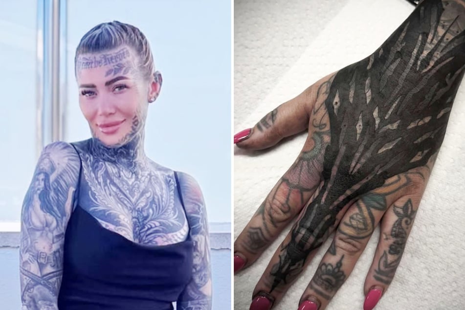 Becky Holt has continued her radical transformation by tattooing her hand completely black.