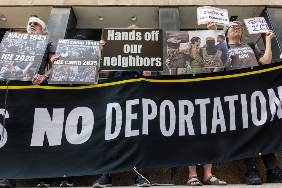 Activists protest President Donald Trump's brutal mass-roundups of migrants and aggressive deportation campaign in New York City.