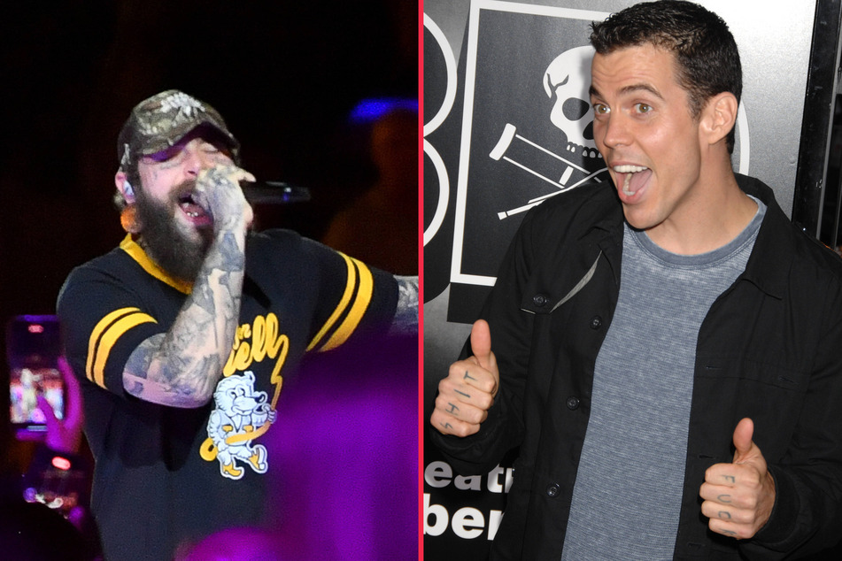 Post Malone (l.) may be tattooing a "chode" onto Steve-O's forehead.