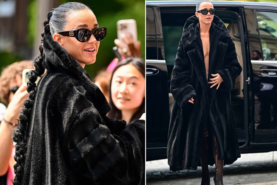 Katy Perry arrived at controversial fashion house Balenciaga's fashion week show in Paris wearing just a black fur coat and torn-apart tights.