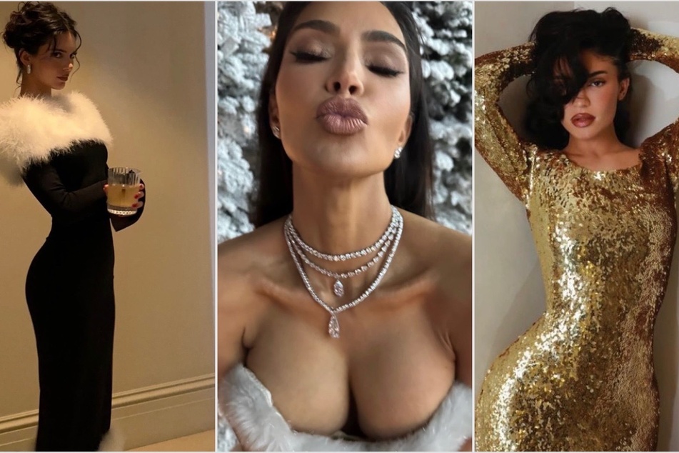 The Kardashian-Jenners jingled all the way at their annual Christmas Eve party. hosted by Kim Kardashian (c) this year and attended by sisters Kendall Jenner (l) and Kylie Jenner (r).