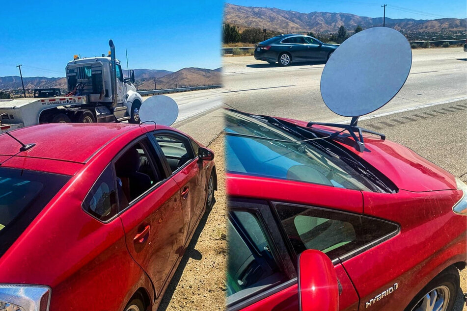Driver pulled over on highway for Starlink internet dish bolted to the front of his car