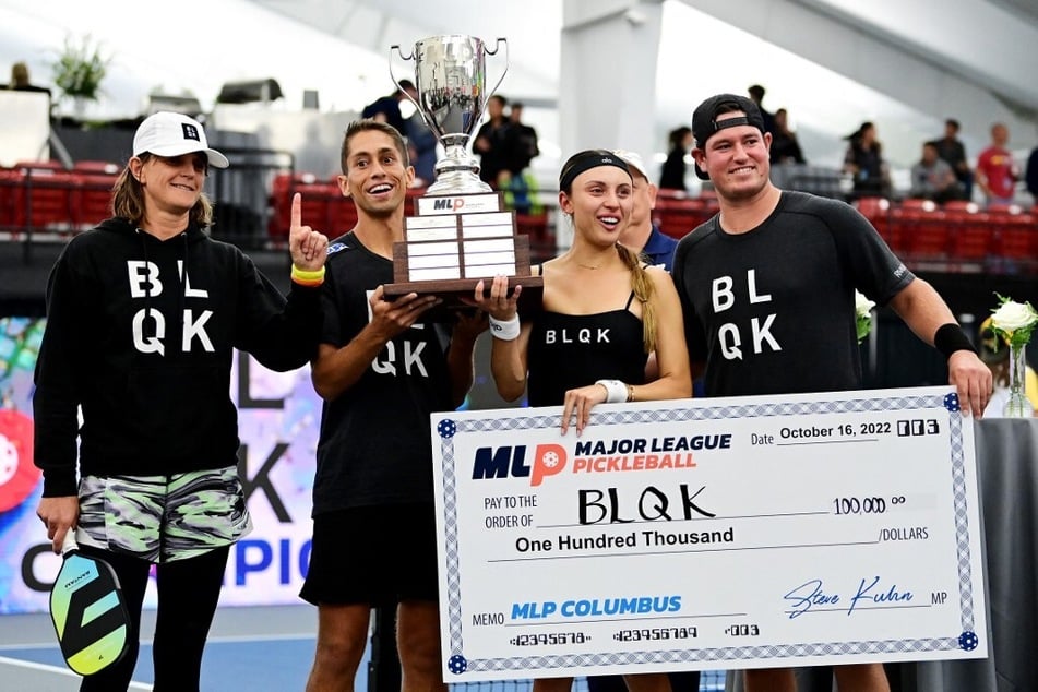 Irina Tereschenko (l), Zane Navratil (center l), Parris Todd (center r), and Rafa Hewett of team BLQK won the Pickle & Chill finals match during the Major League Pickleball finals tournament.