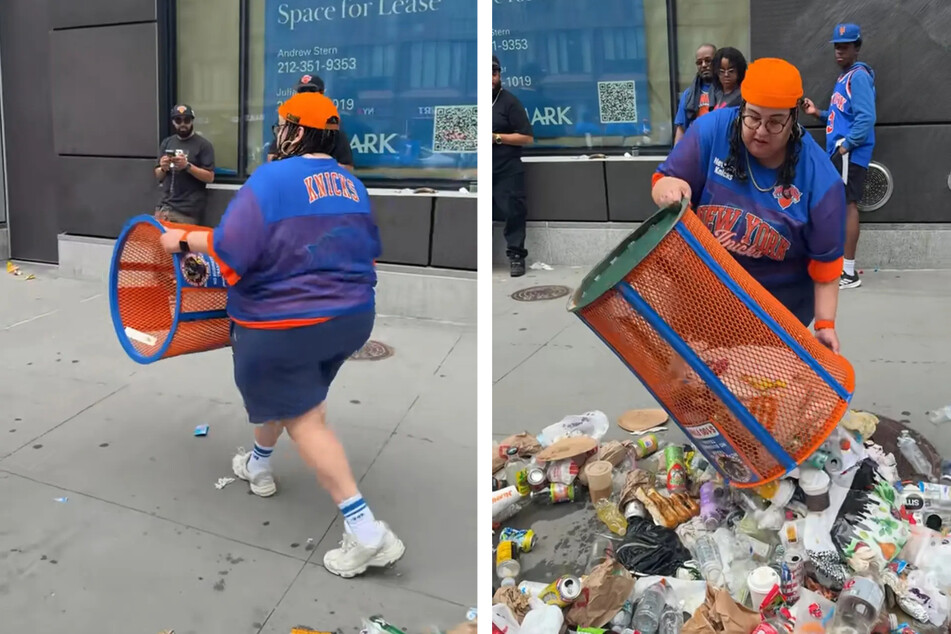 Knicks fan faces outrage after dumping trash and stealing garbage can during parade