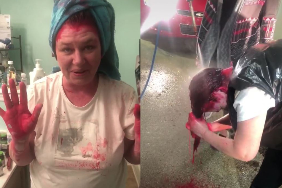 The TikToker showed off her red hands before getting sprayed by a pressure washer at a car wash (collage).