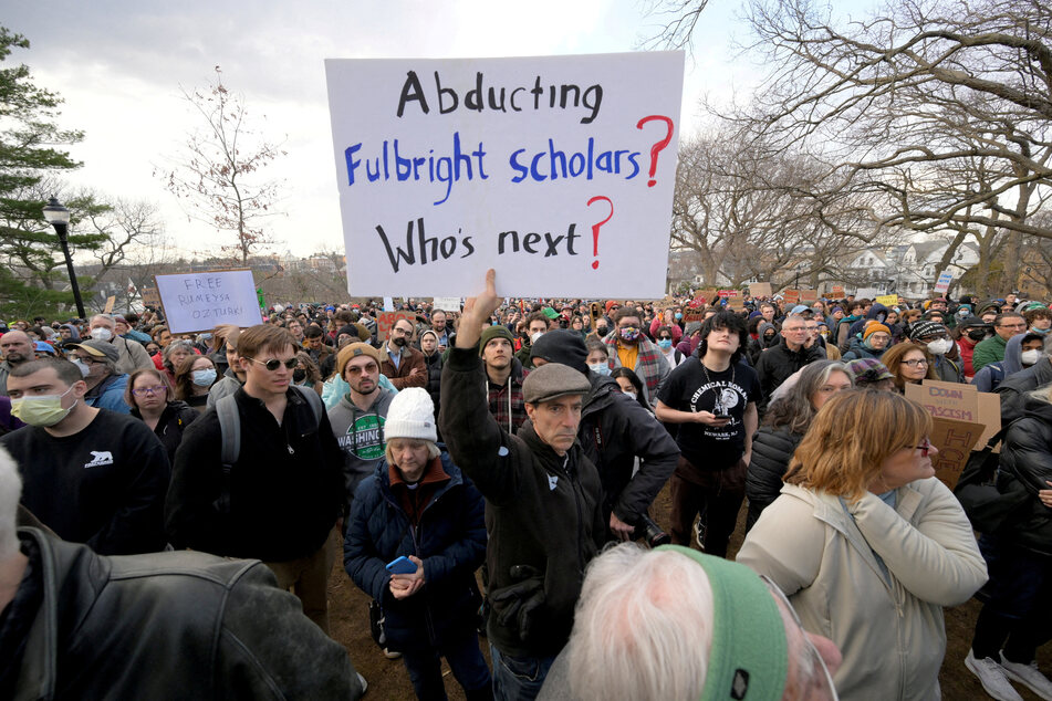 Demonstrators take part in an emergency rally demanding the release of Rümeysa Öztürk in Somerville, Massachusetts.