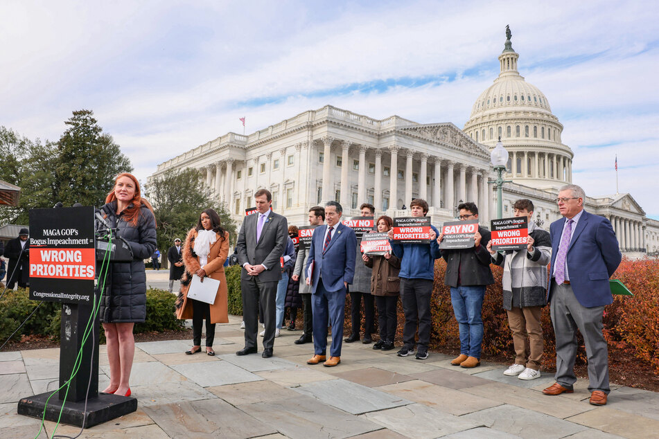 Representatives speak during a press conference held to address MAGA Republicans' decision to prioritize the impeachment of President Joe Biden on Wednesday.