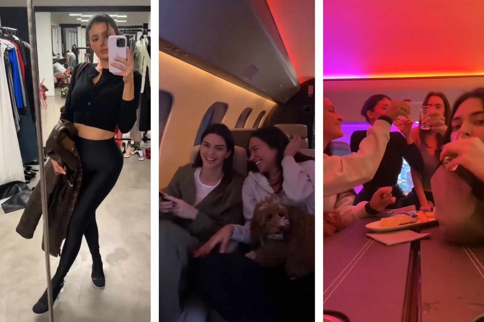 After a glam photoshoot, Kylie Jenner was joined on a private jet by Kendall Jenner and a friend before the group went out for shots, appearing to party the night away.