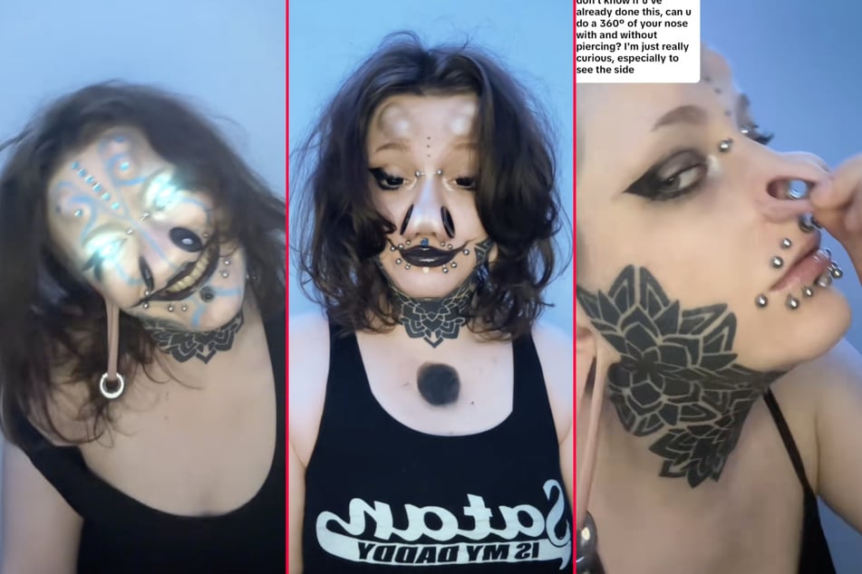 Heavily-modded girl stretches out nose holes and stores things in them