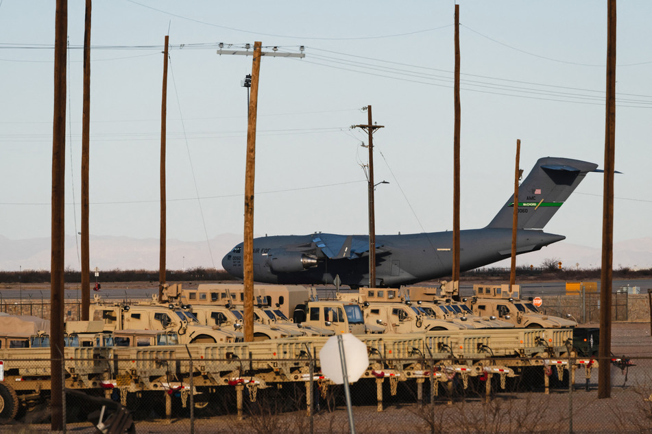 A USAir Force Boeing C-17 used for deportation flights is pictured at Biggs Army Airfield in Fort Bliss, El Paso, Texas.