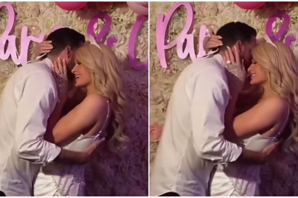 On Sunday, Paris Hilton (r) was thrown an Alice in Wonderland-themed bridal shower at her mother, Kathy Hilton's home.