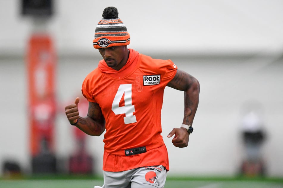 Deshaun Watson runs a drill during a July 2022 Cleveland Browns training camp in Berea, Ohio.