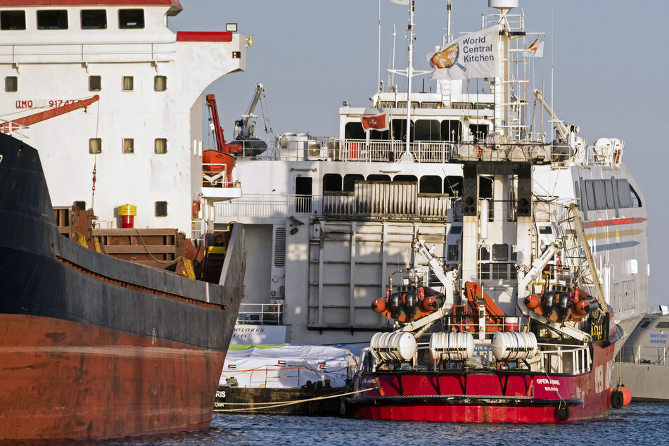 The Open Arms vessel (c.) pictured in the Cypriot port of Larnaca on Monday.