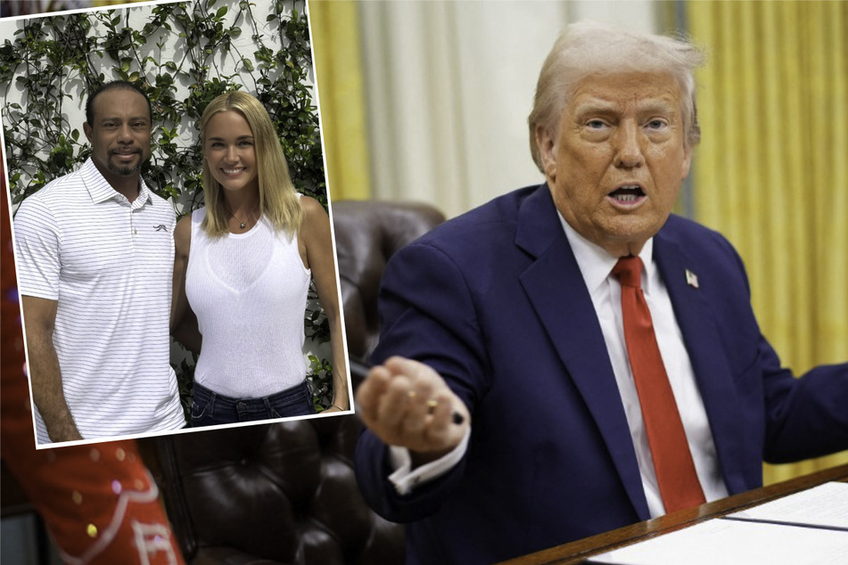 President Donald Trump (r.) has given his seal of approval to the relationship between golfer Tiger Woods and his former daughter-in-law Vanessa Trump.