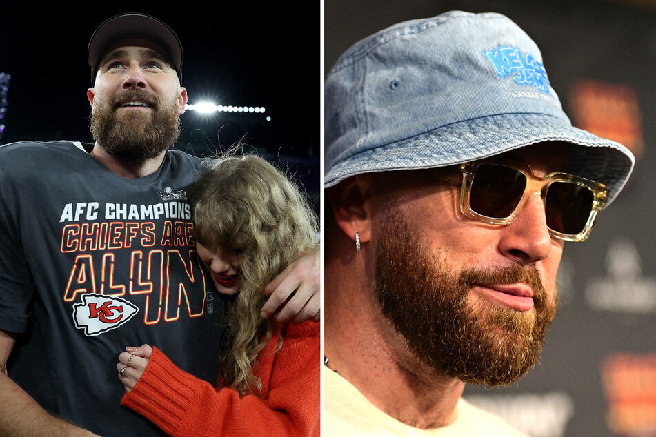 Travis Kelce dished on his romance with Taylor Swift (c.) and his upcoming acting debut in a chat with Good Morning America on Thursday.
