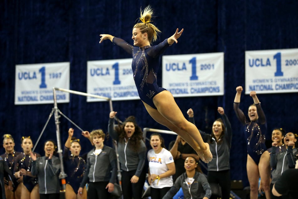 Gracie Kramer of the UCLA Bruins competes in floor exercise during a meet against the Utah Utes at Pauley Pavilion on February 23, 2020. Kramer called out Sydney Sweeney's ad in a viral post on Instagram.