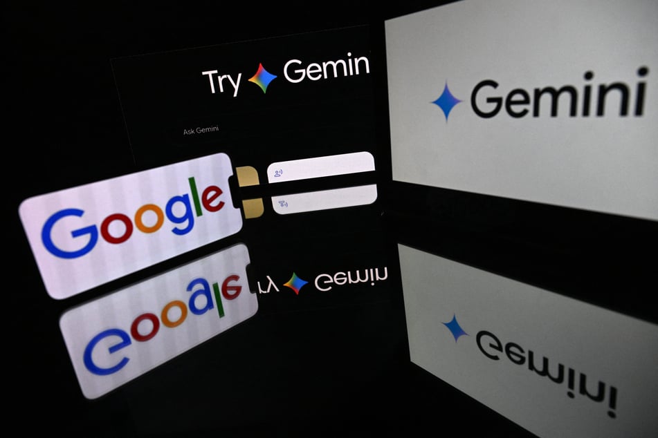 This photograph shows screens displaying the logo of the company Google and its AI assistant Gemini.