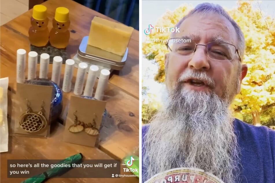 Tom regularly does giveaways for gift sets of his creations including his harvested honey, homemade lip balms, candles, hand-lathed pens, and even earrings!