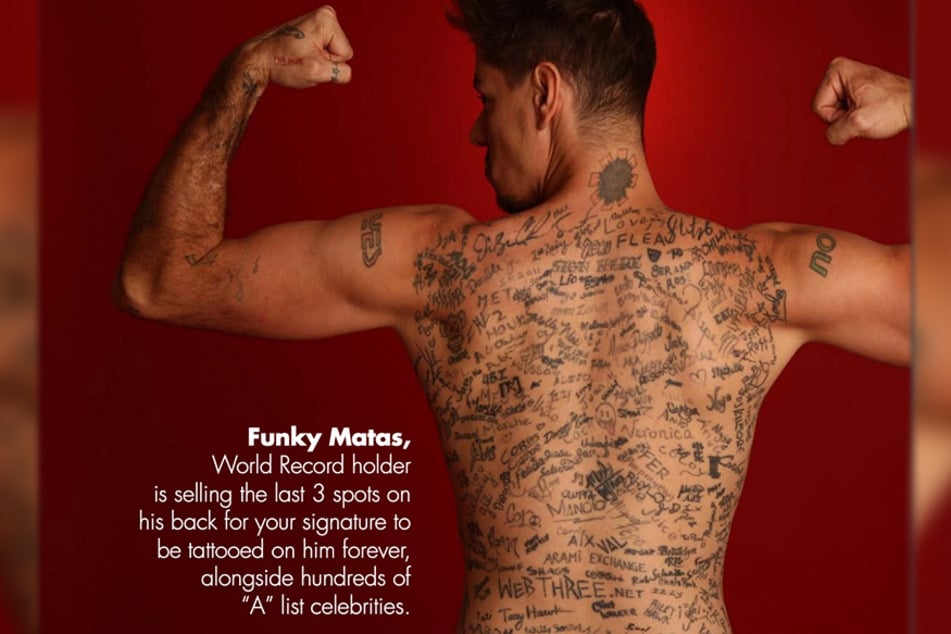 Funky Matas, the world record holder for having the most signatures tattooed on his back, is auctioning off the last few spots.