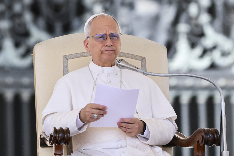 Pope Leo XIV delivers his speech during his weekly general audience at St. Peter’s Square in the Vatican on September 17, 2025.