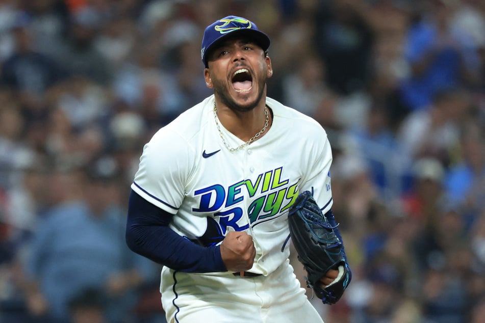 Tampa Bay Rays pitcher Freddy Peralta reacts after pitching against the Cleveland Guardians during the sixth inning in game two of the American League Championship Series at Tropicana Field.