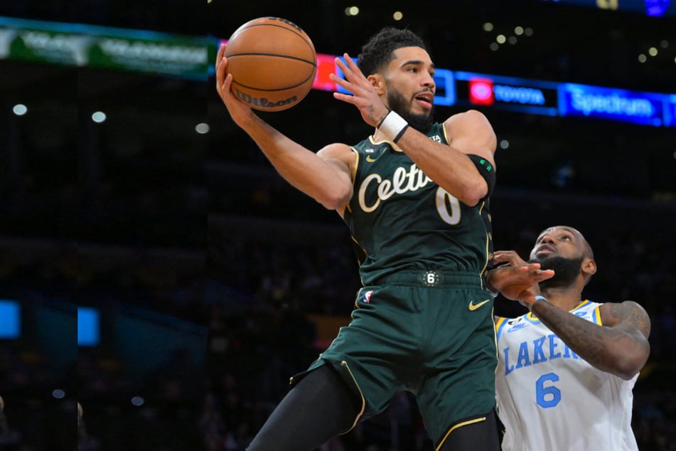 The Celtics' Jason Tatum (l.) scored a game-high 44 points against the Lakers, for whom LeBron James grabbed 33 points.