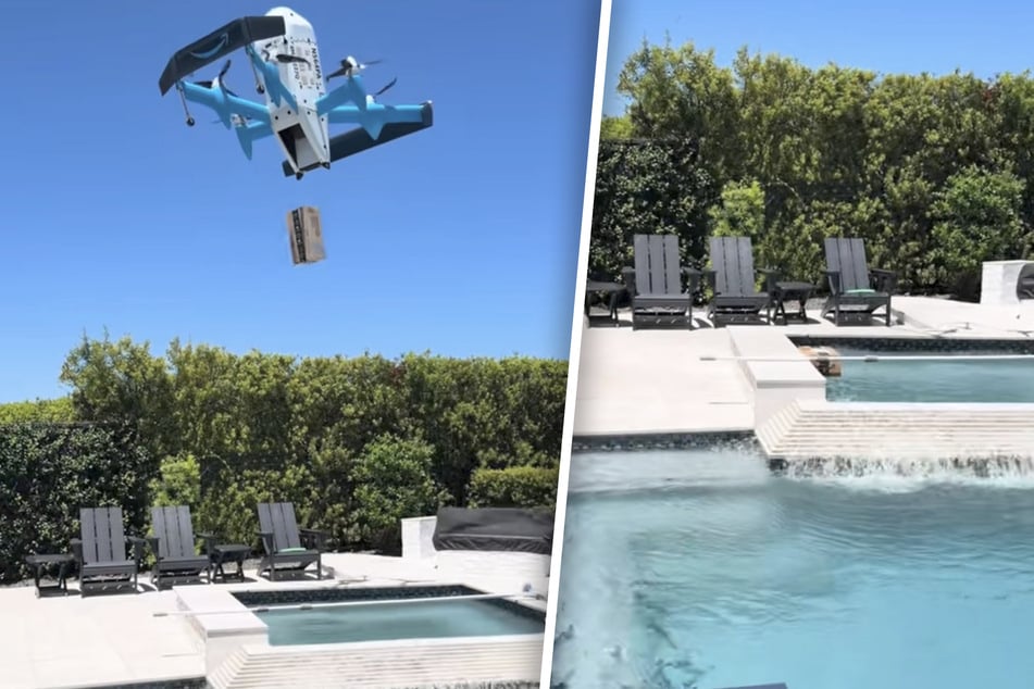 Amazon drone delivers package right into the buyer's swimming pool!