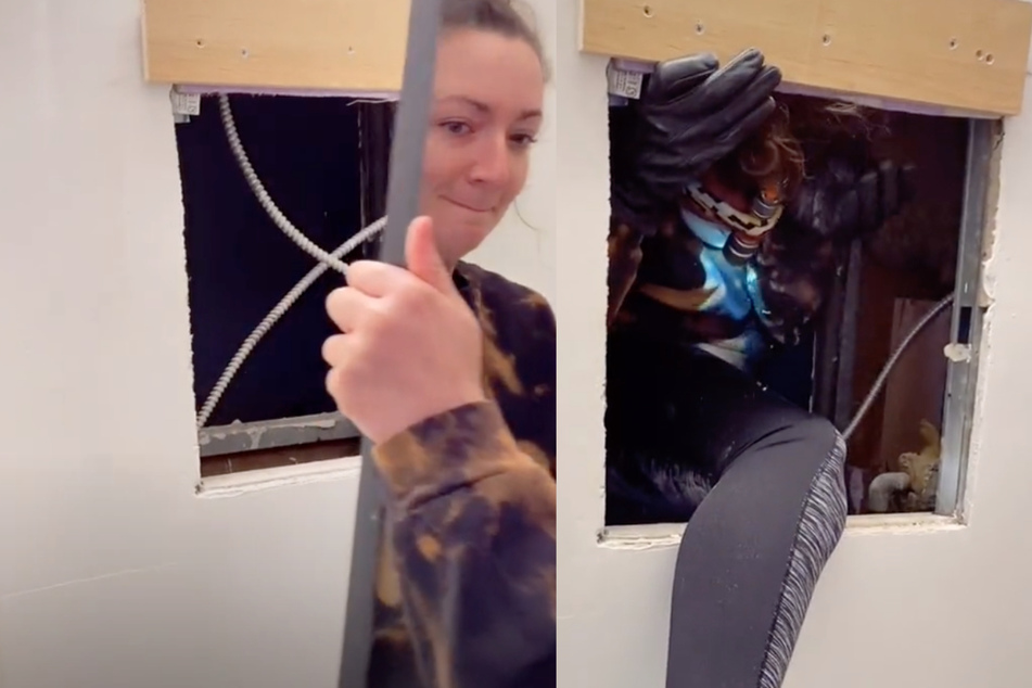 Samantha pulling the mirror off the wall and climbing through the hole.