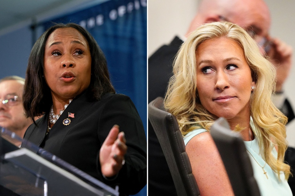 Congresswoman Marjorie Taylor Greene is accusing Georgia District Attorney Fani Willis (l.) of the crimes that Donald Trump is being charged with.