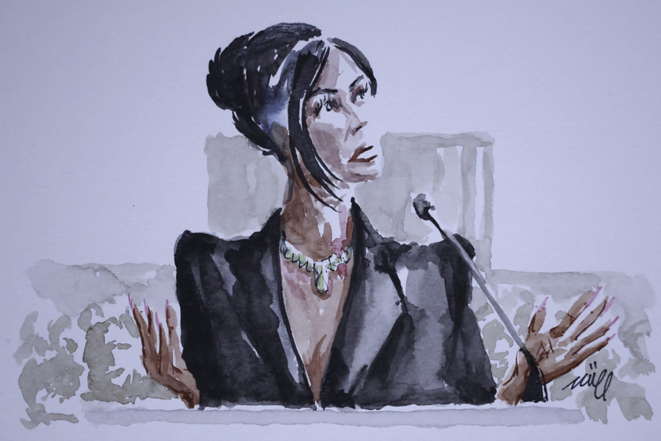 Kim Kardashian testifies during her robbery trial in Paris, France, in a courtroom sketch.
