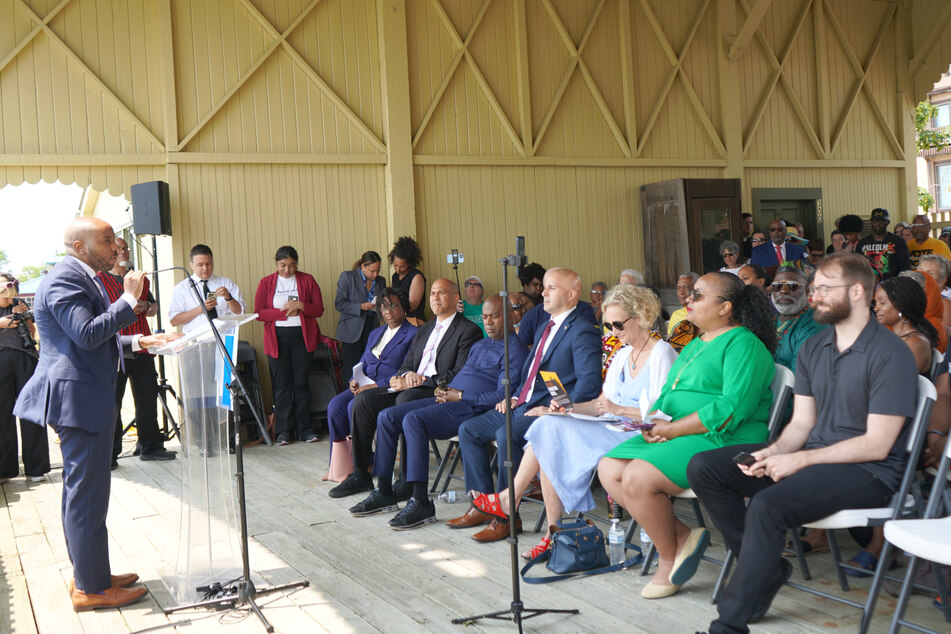 Jean-Pierre Brutus, a senior counsel at the New Jersey Institute for Social Justice, addresses the audience at the launch of a first-of-its-kind reparations council.