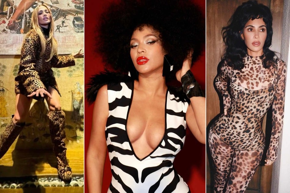 A-listers like Beyoncé (c.), Jennifer Lopez (l.), and Kim Kardashian (r.) have been rocking bold animal print patterns on the regular this season.